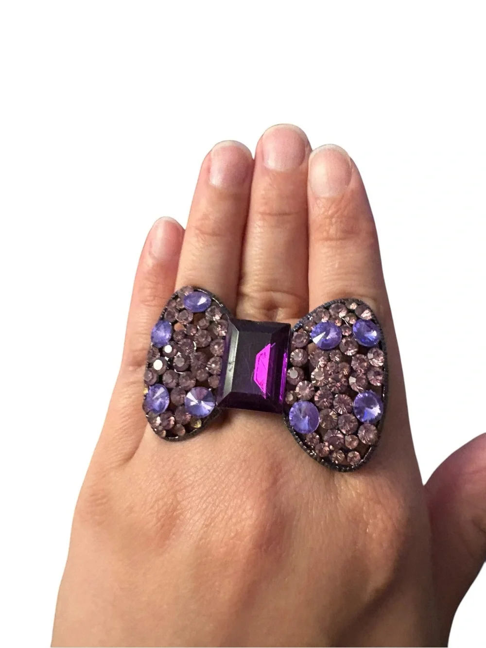 Y2K Purple Rhinestone Bow Statement Ring Adjustable sitting at size 7 1/2